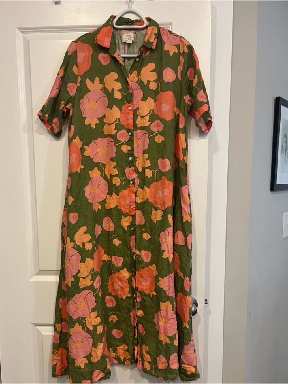 Trovata birds of paradis floral linen short dress large pink green